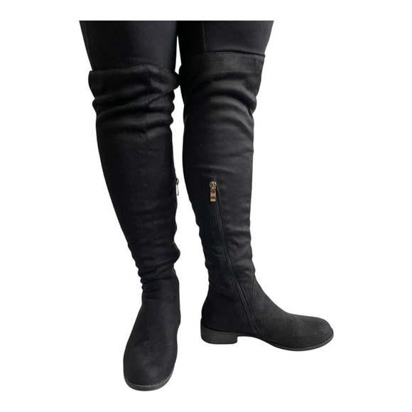 Women’s Black Over The Knee Boots Faux Suede Thigh High Low Heel Shoes Size 6 - Picture 7 of 9